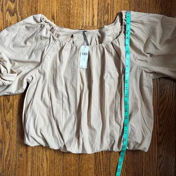 Anthropologie Neutral Tan Cotton Balloon Sleeve Cord Appliqué Boho Top NWT S - Picture 6 of 7